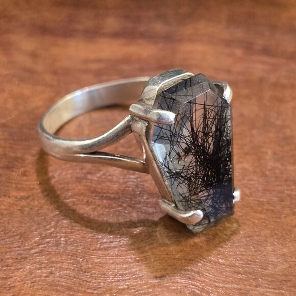 Coffin Shape Black Rutile Gemstone .925 Sterling Silver Ring Size 11 - Picture 2 of 7